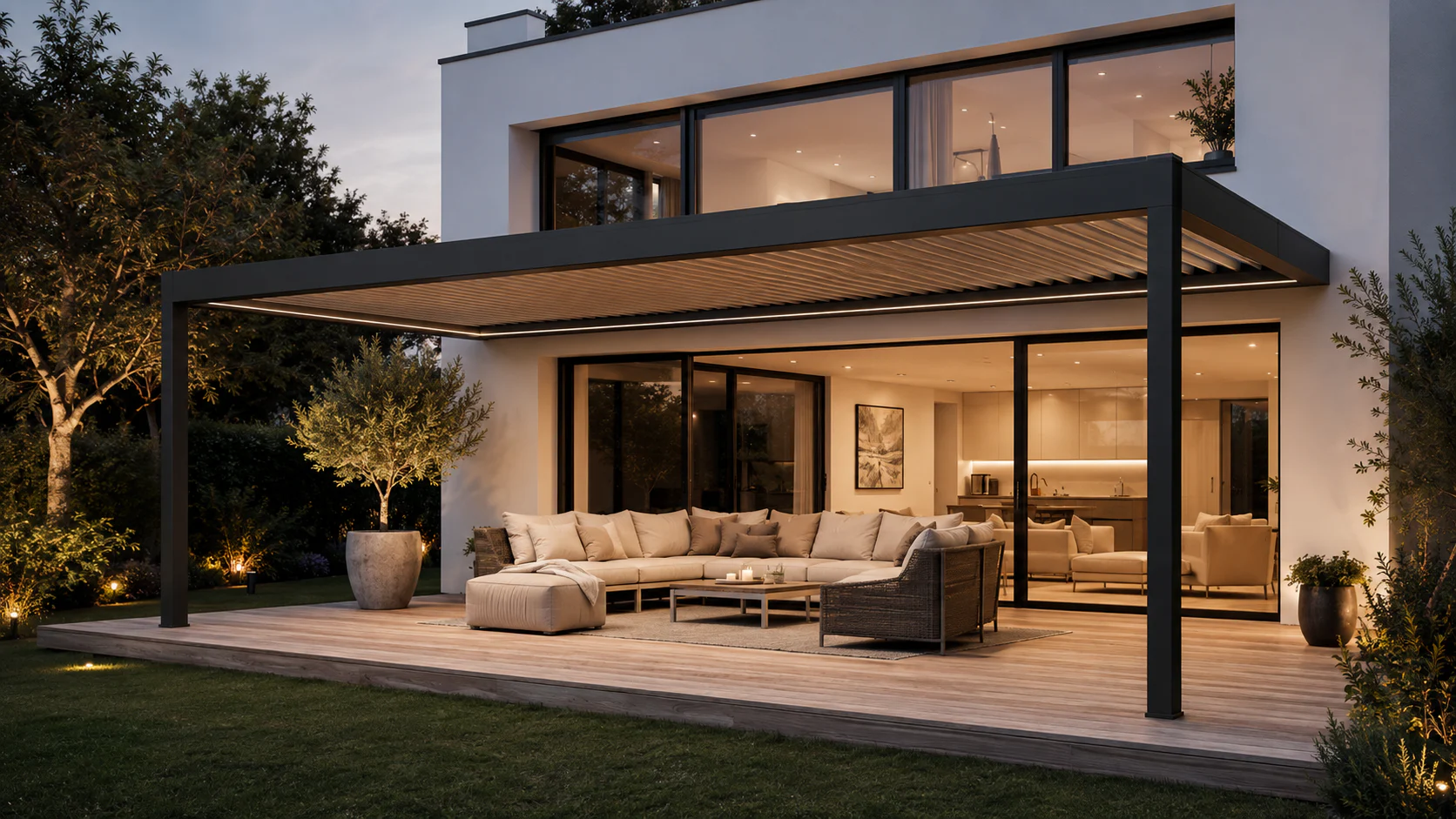 Moderná bioklimatická pergola pri rodinnom dome